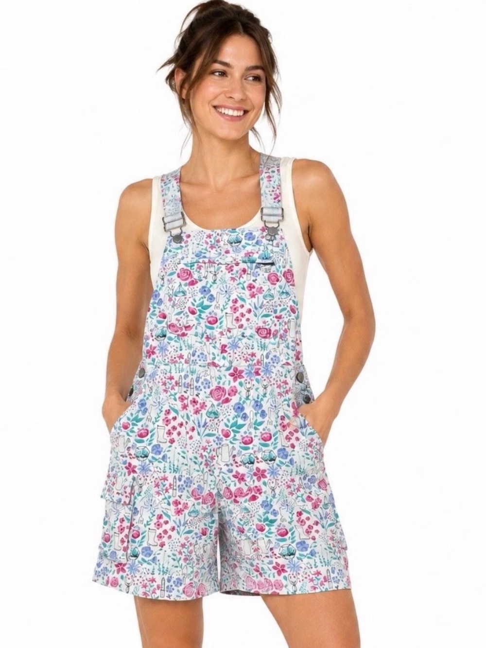 Rare Duluth Trading Heirloom Gardening Short Overalls Ditsy Garden Floral XS 567